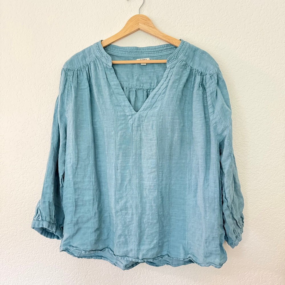 Dylan Tunic Blouse Womens Large Blue Excellent Linen Pintuck V-Neck Top